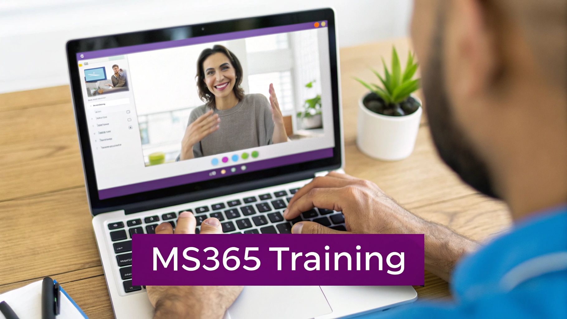 Person using laptop for MS365 training, engaging in a video call with a smiling woman.