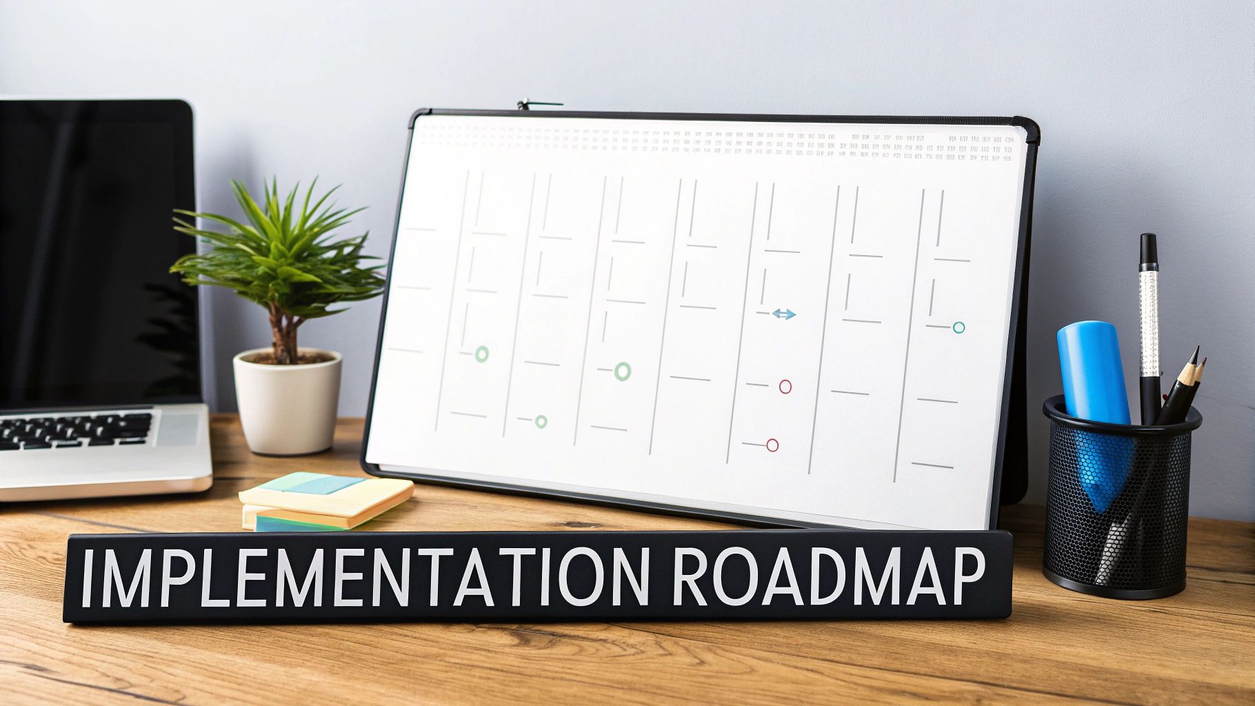 A group of professionals collaborating around a table with laptops, planning a project roadmap for Dynamics 365 for HR.