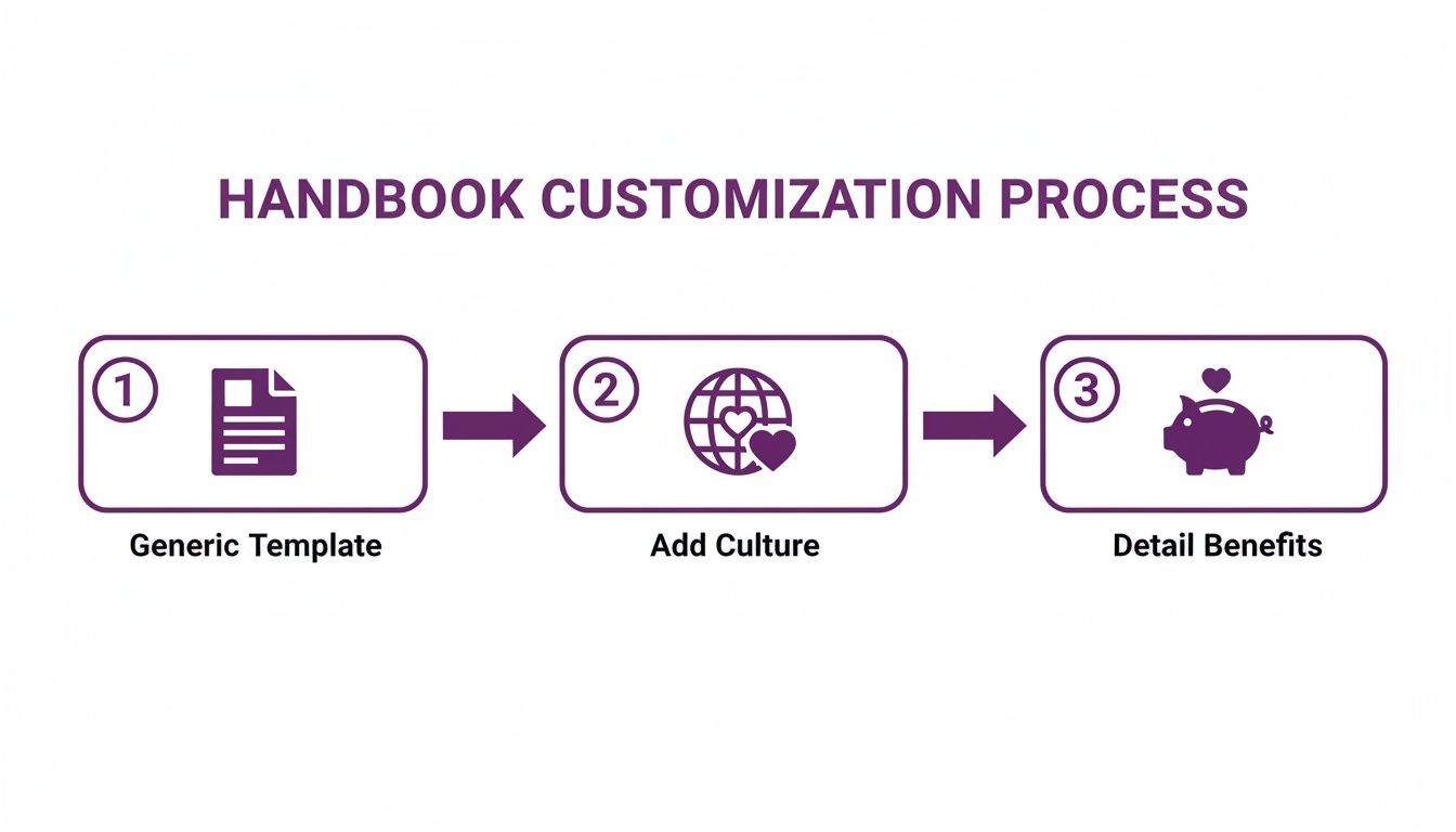 Process diagram showing handbook customization steps: generic template, add culture, and detail benefits.