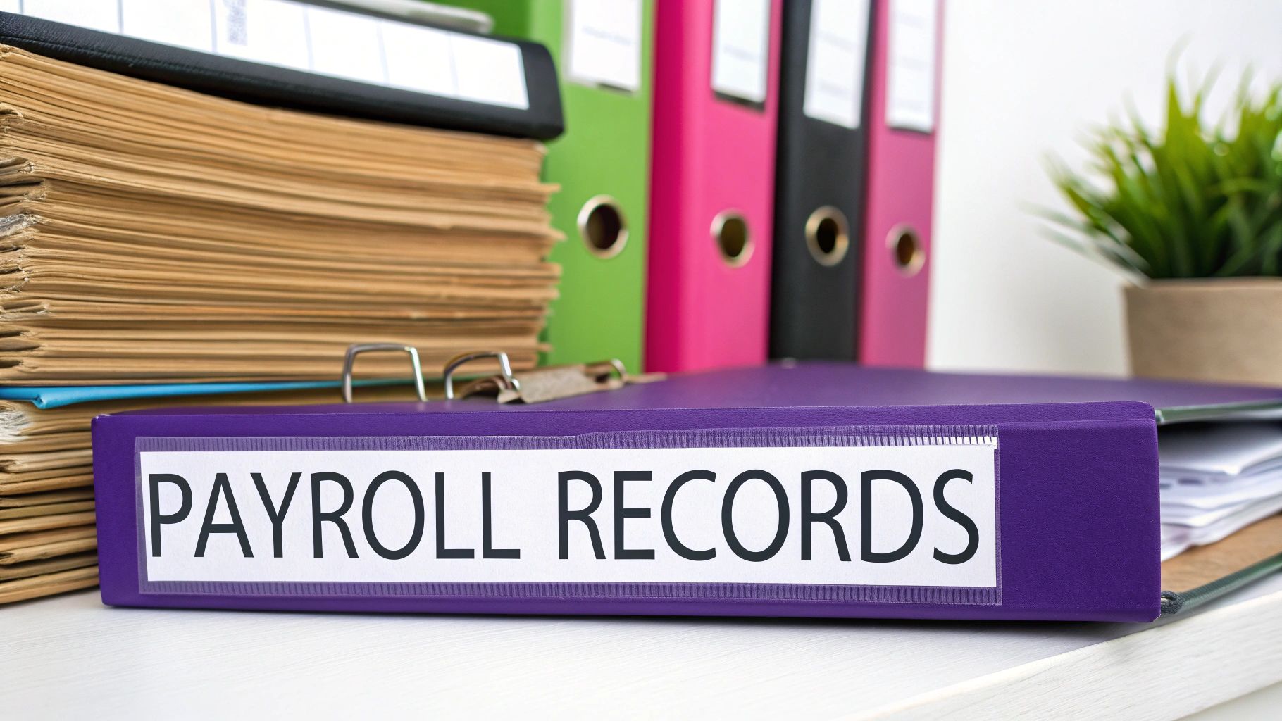 A purple binder prominently labeled 'PAYROLL RECORDS' sits on a desk surrounded by other office binders and documents.