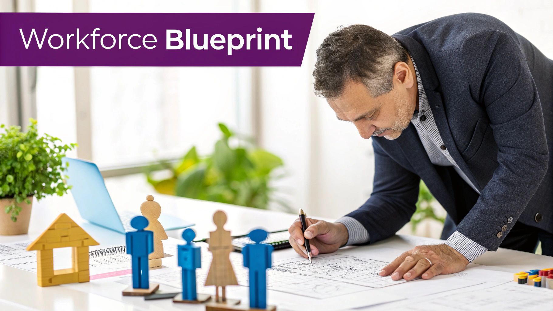 Business professional reviewing workforce blueprints with wooden people figures and a house model.