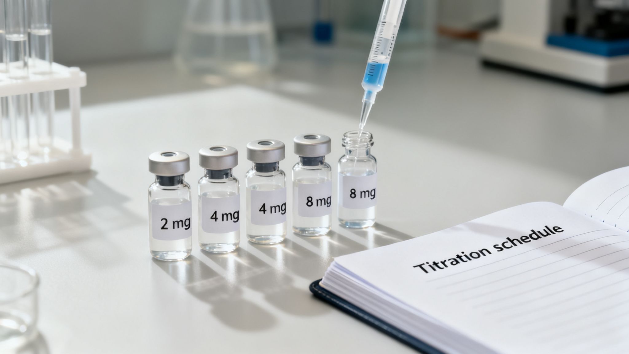 A syringe adds blue liquid to a vial labeled 8mg, next to other dosage vials and a titration schedule notebook in a lab.