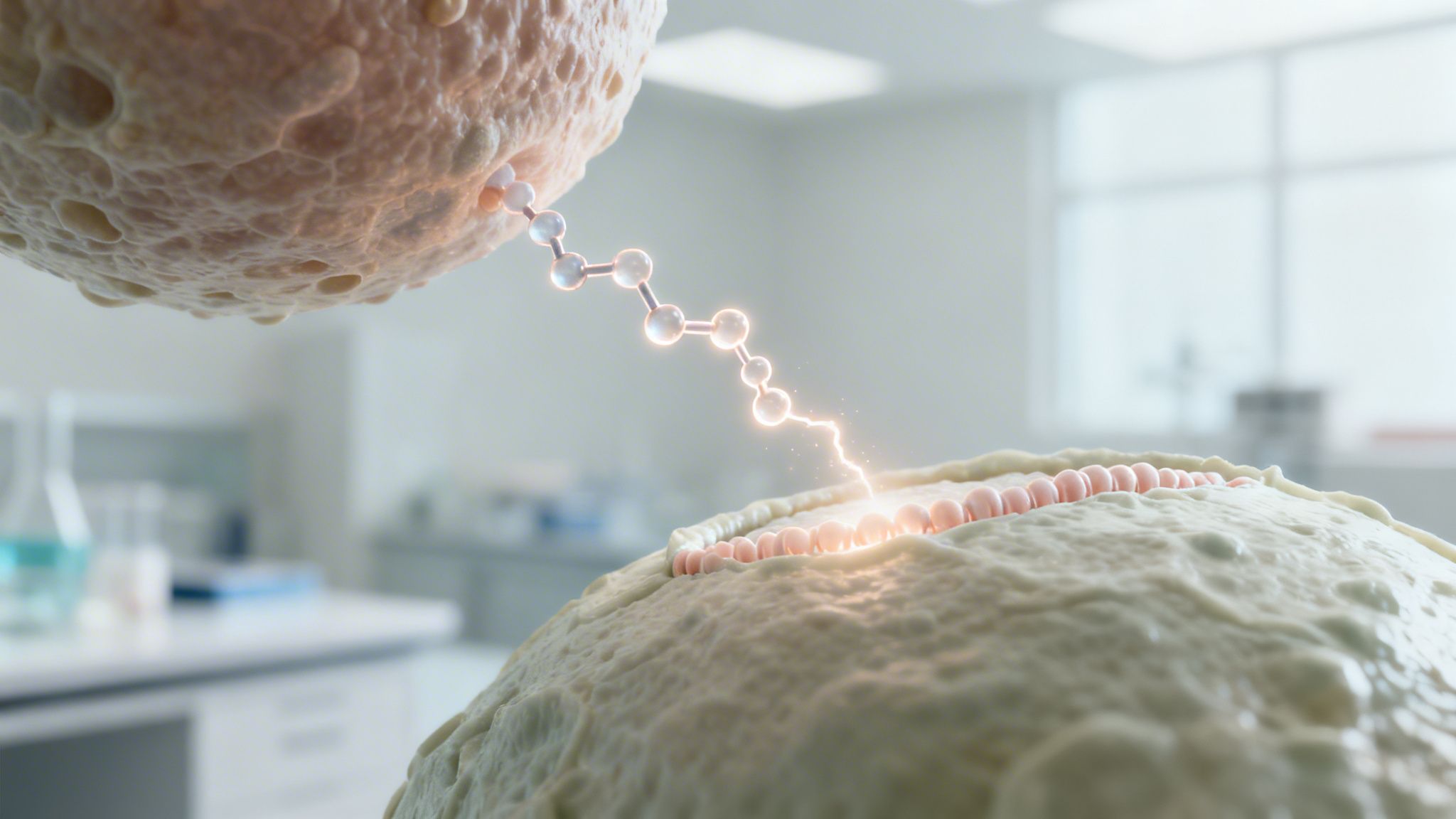 A microscopic view of two cellular structures connected by a chain of molecules with an energetic spark.