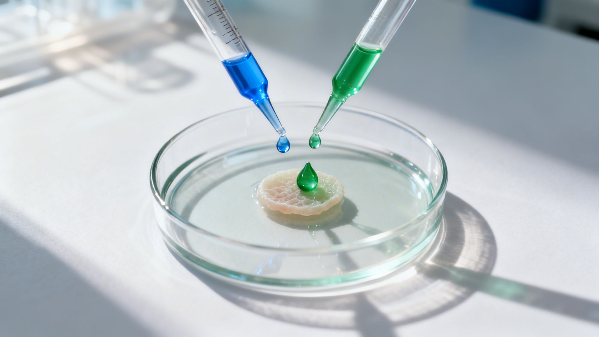 Two pipettes dispensing blue and green liquids onto a biological sample in a petri dish.