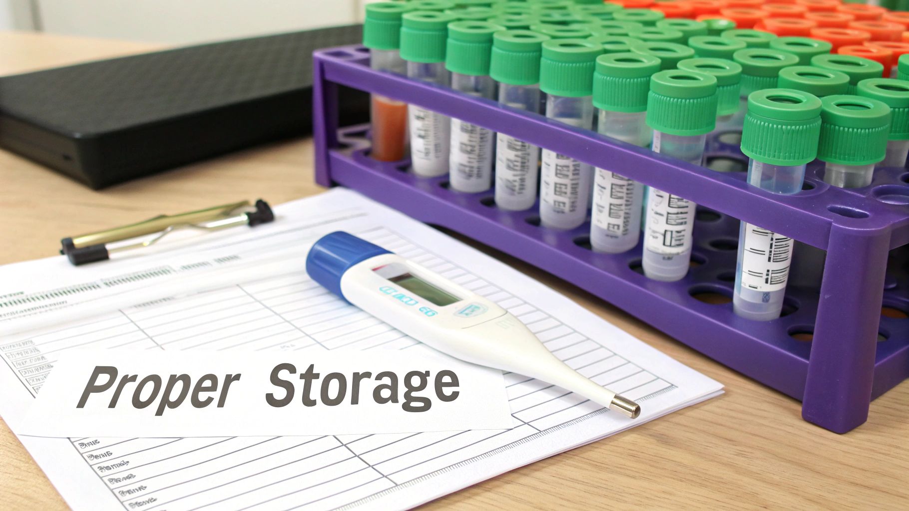 A laboratory setting with test tubes in a rack, a digital thermometer, and a document labeled 'Proper Storage'.