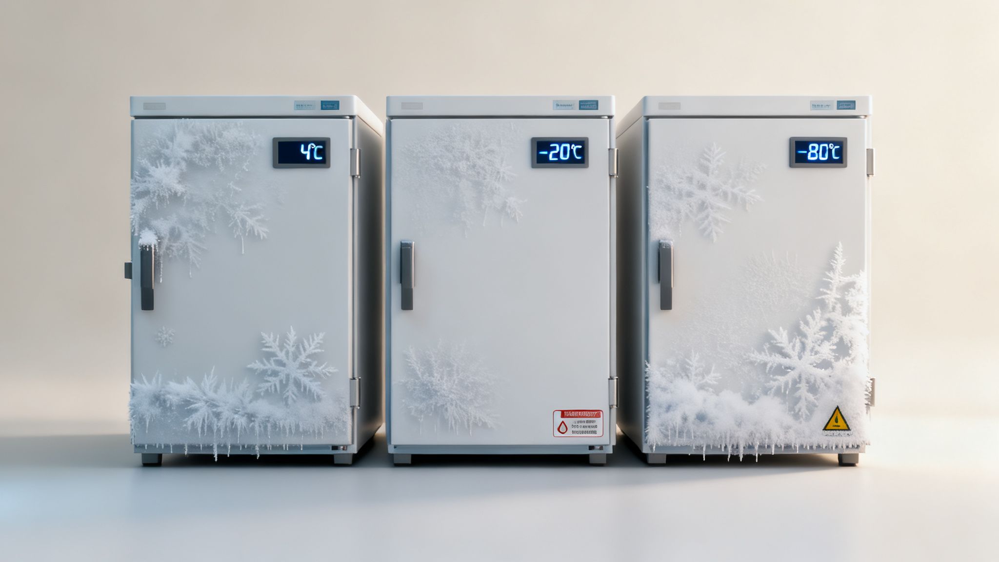 Three white laboratory freezers displaying 4°C, -20°C, and -80°C, covered in ice and frost.