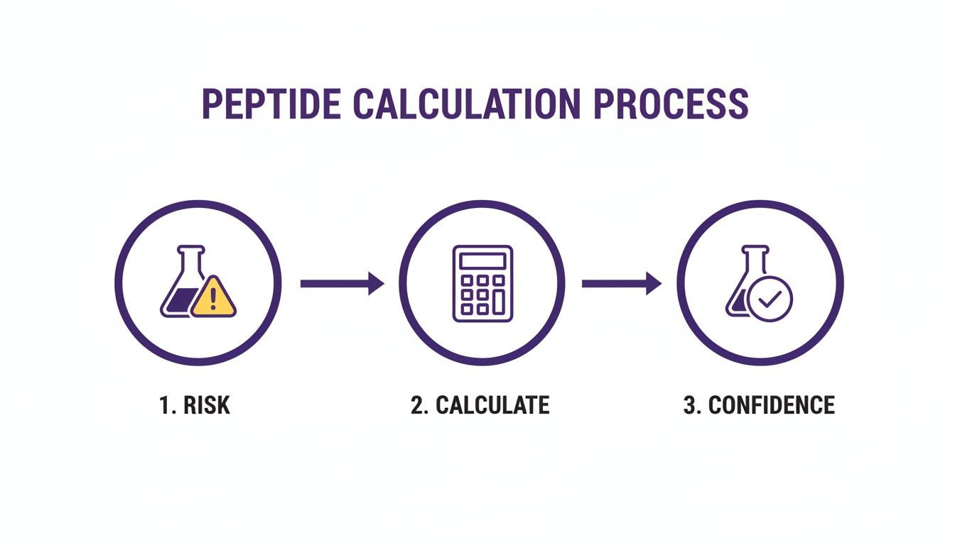 Infographic showing the peptide calculation process: 1. Risk, 2. Calculate, 3. Confidence.