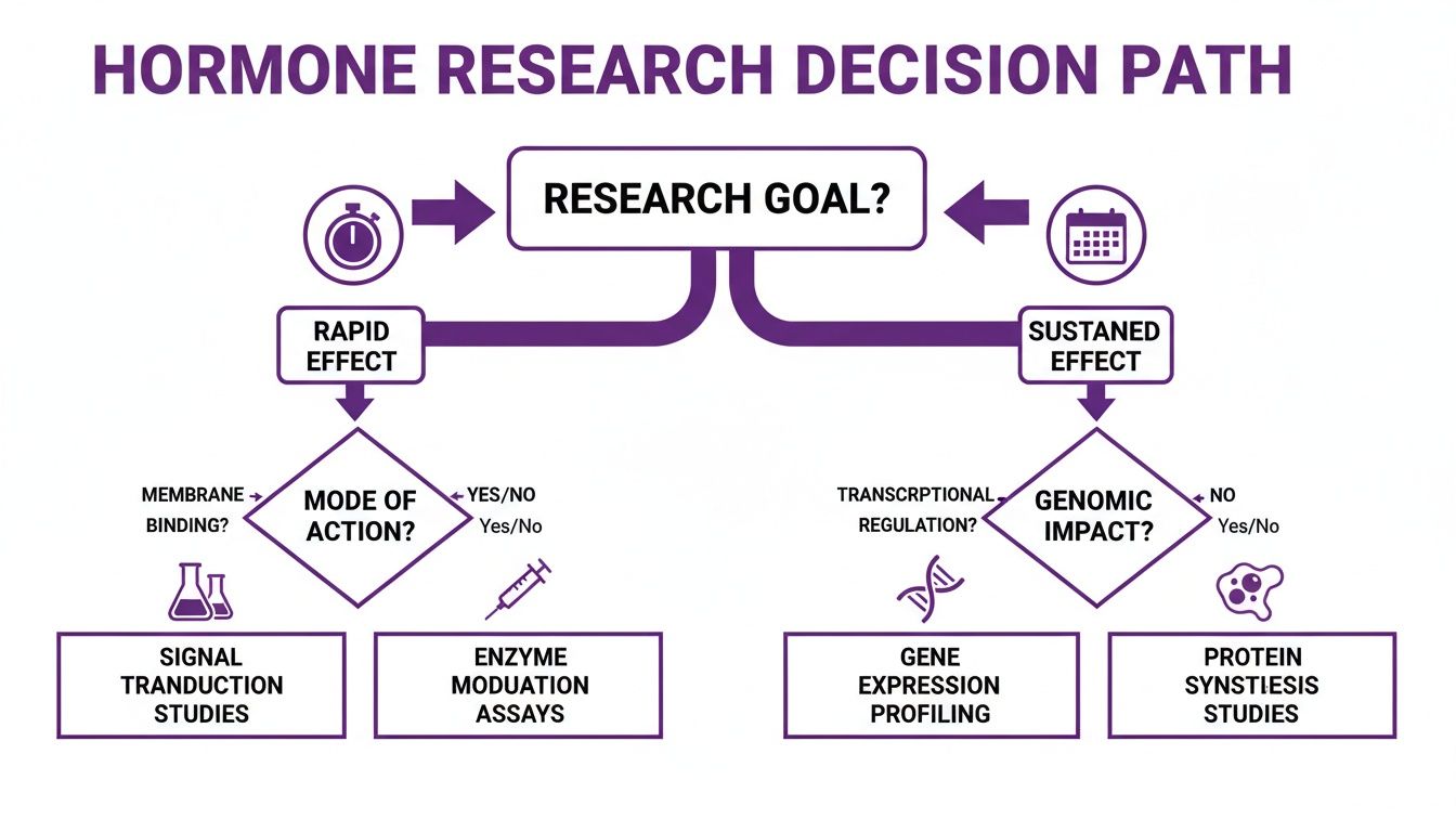A flowchart showing a hormone research decision path, detailing rapid vs. sustained effect studies.