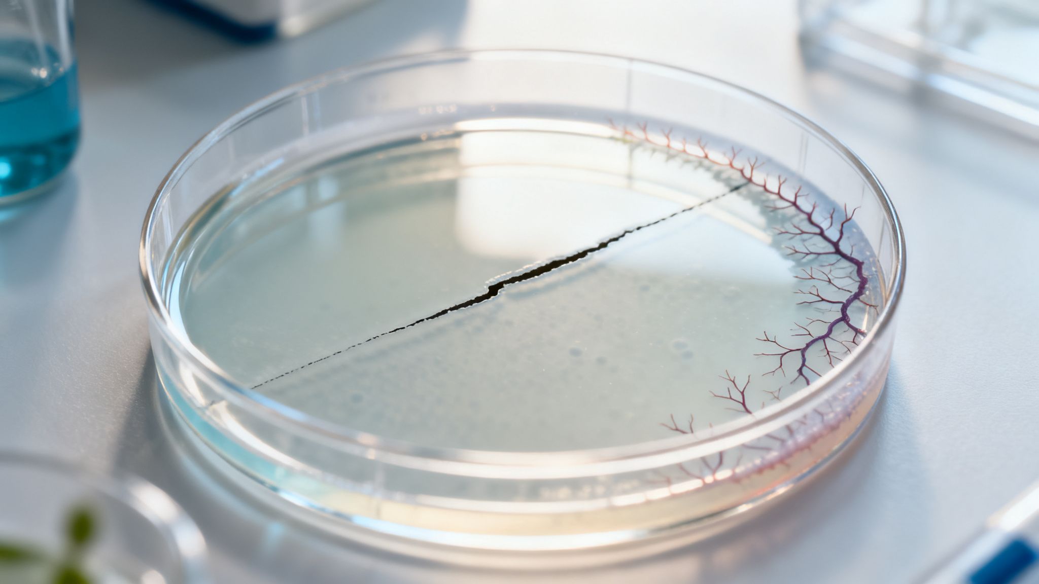 A petri dish in a lab with a black crack and distinct reddish-purple tree-like growth pattern.