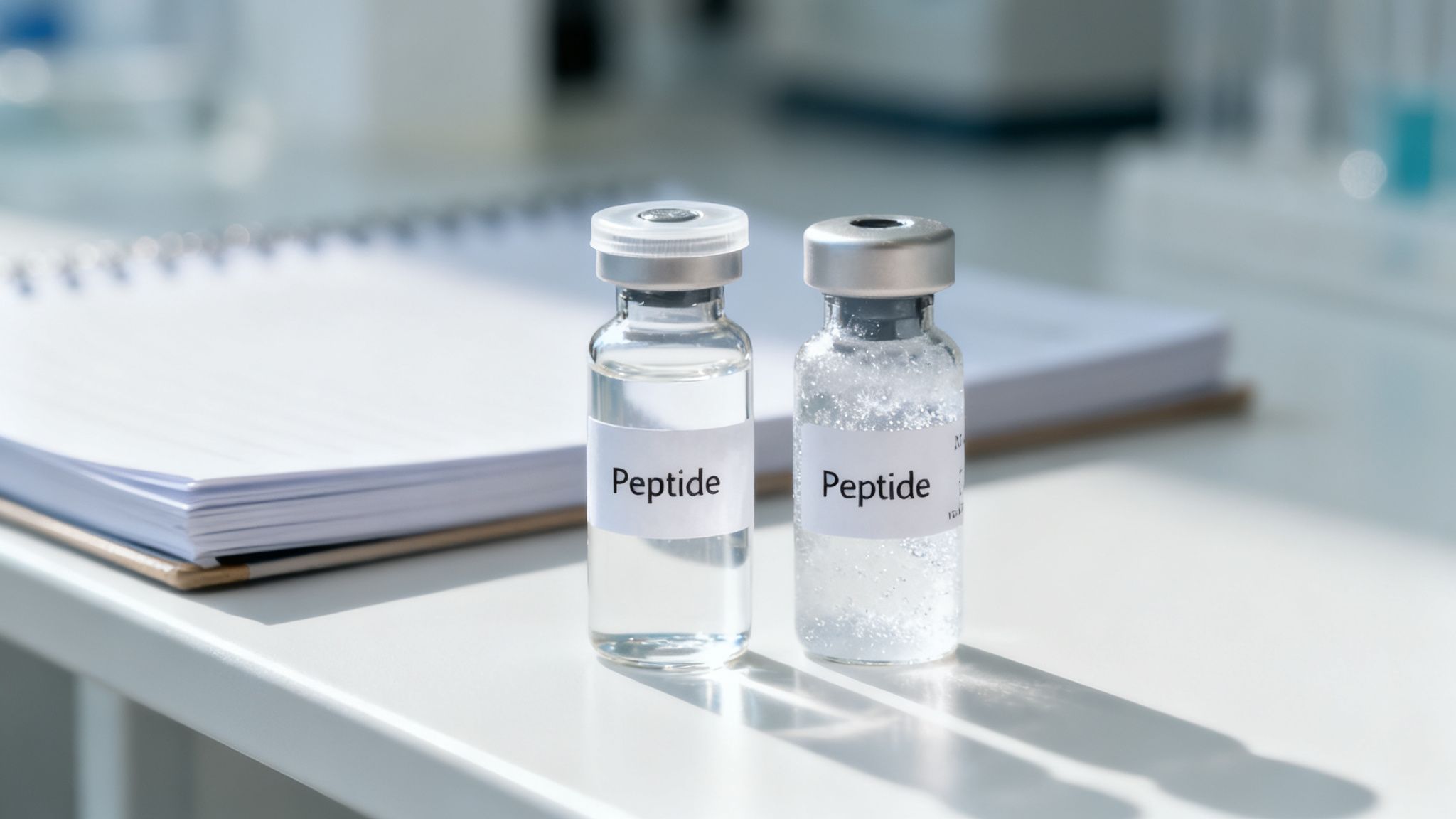 Two labeled vials of peptide, one liquid and one solid/reconstituted, on a bright lab bench.