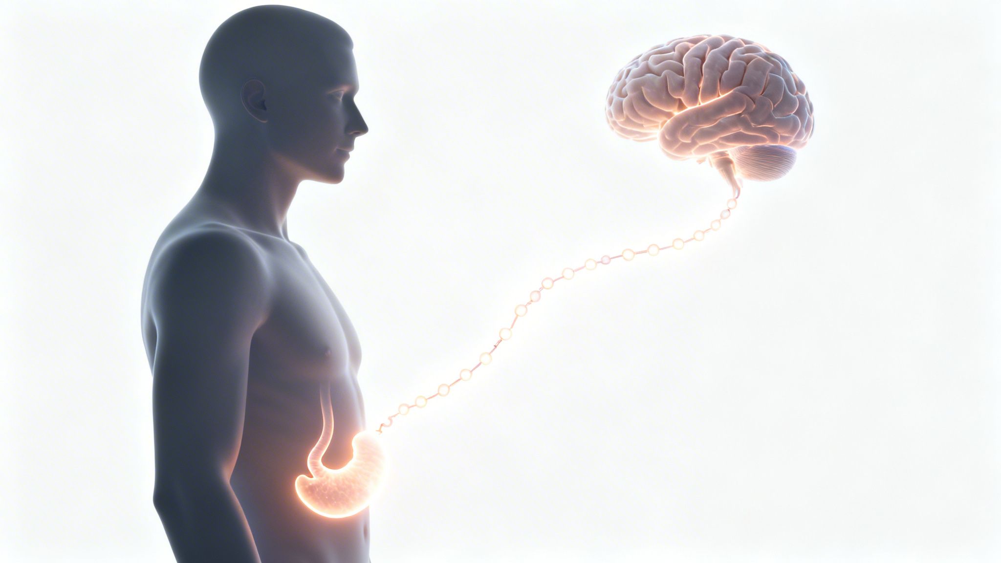 A 3D rendering of a human figure showing the illuminated brain and stomach connected by a neural pathway.