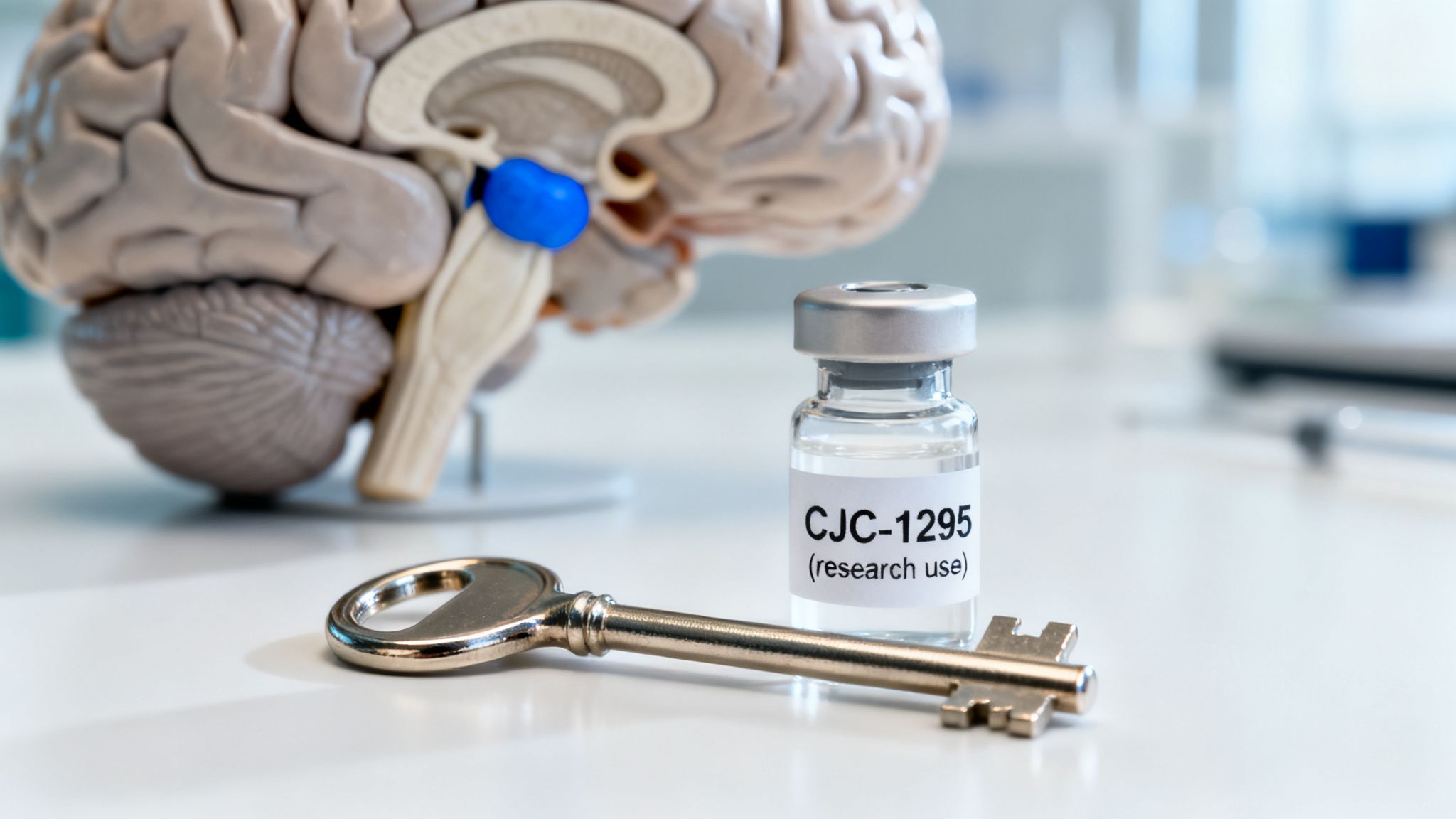 A brain model, a key, and a vial of CJC-1295 (research use) on a lab bench.