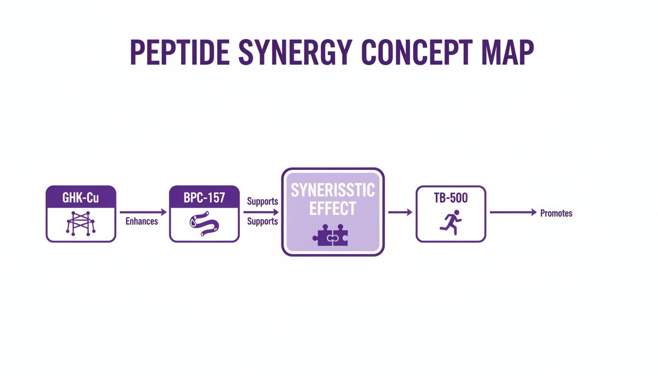 A detailed concept map illustrating the synergistic relationships between GHK-Cu, BPC-157, and TB-500 peptides.