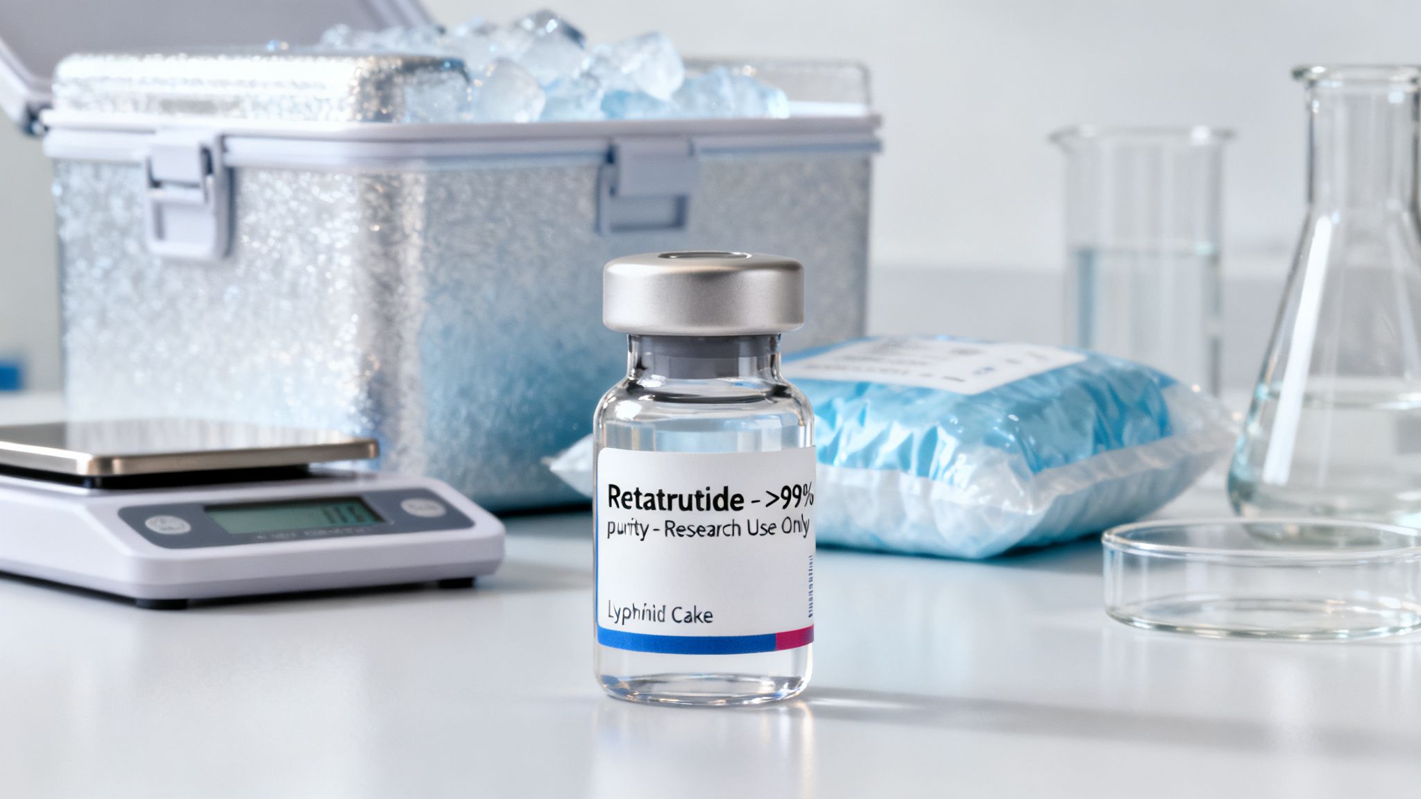 A vial of Retatrutide, >99% purity for research, with lab equipment and ice chest.