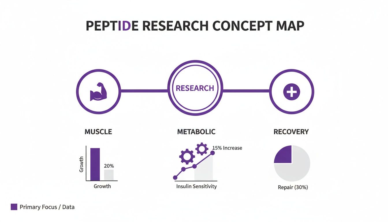 A concept map illustrating peptide research for muscle growth, metabolic insulin sensitivity, and recovery repair.