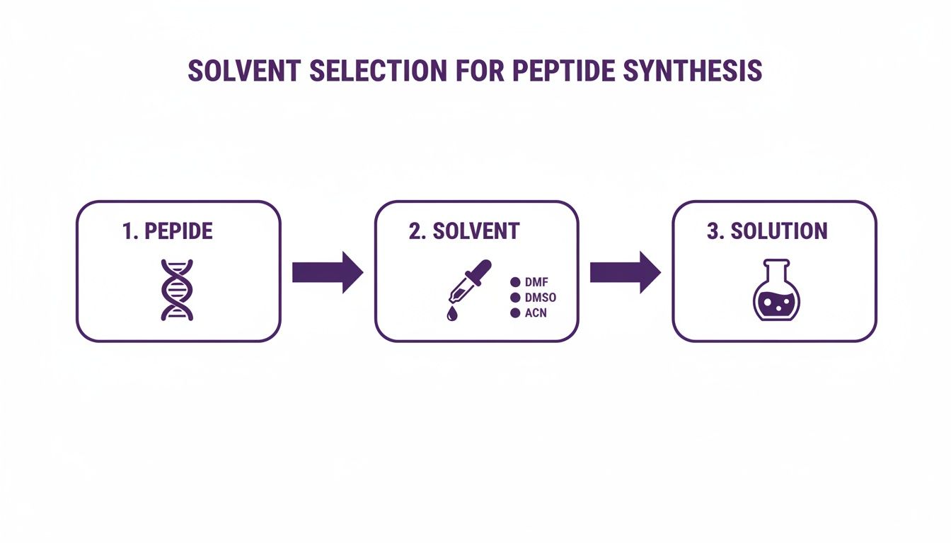 Diagram shows peptide synthesis solvent selection steps: peptide, solvent options (DMF, DMSO, ACN), creating a solution.