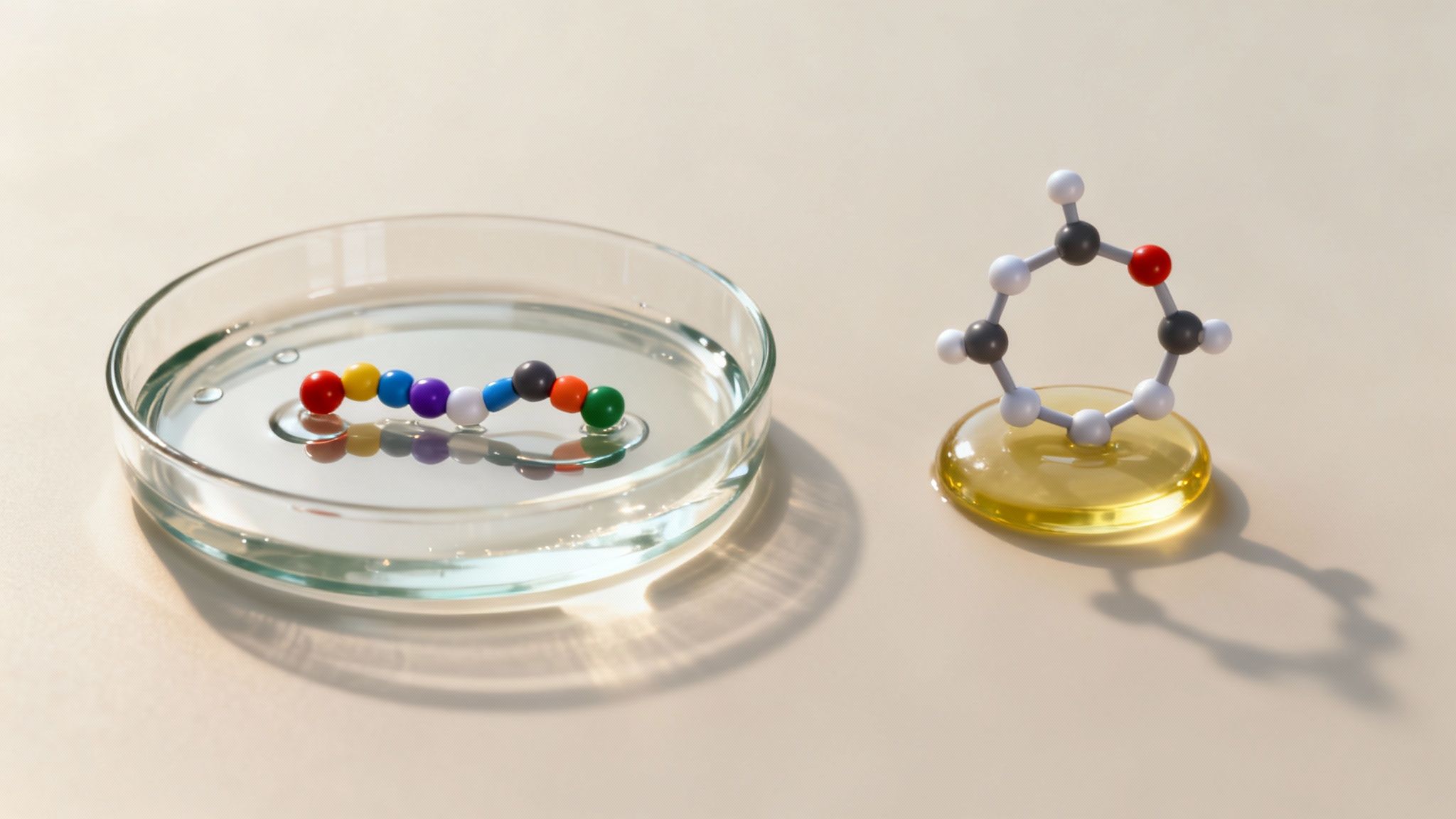 A petri dish with a colorful bead chain on water next to a molecular model on a yellow droplet.