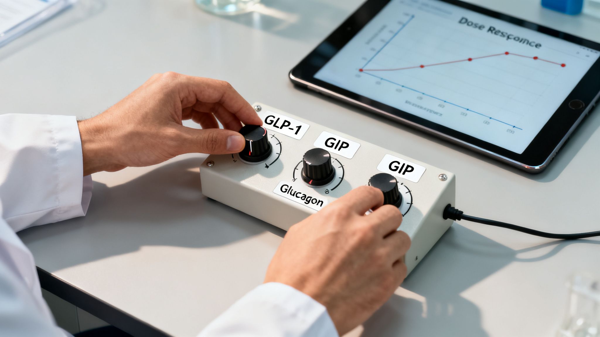 Scientist adjusts lab controls for GLP-1, GIP, and Glucagon, monitoring a dose response graph.