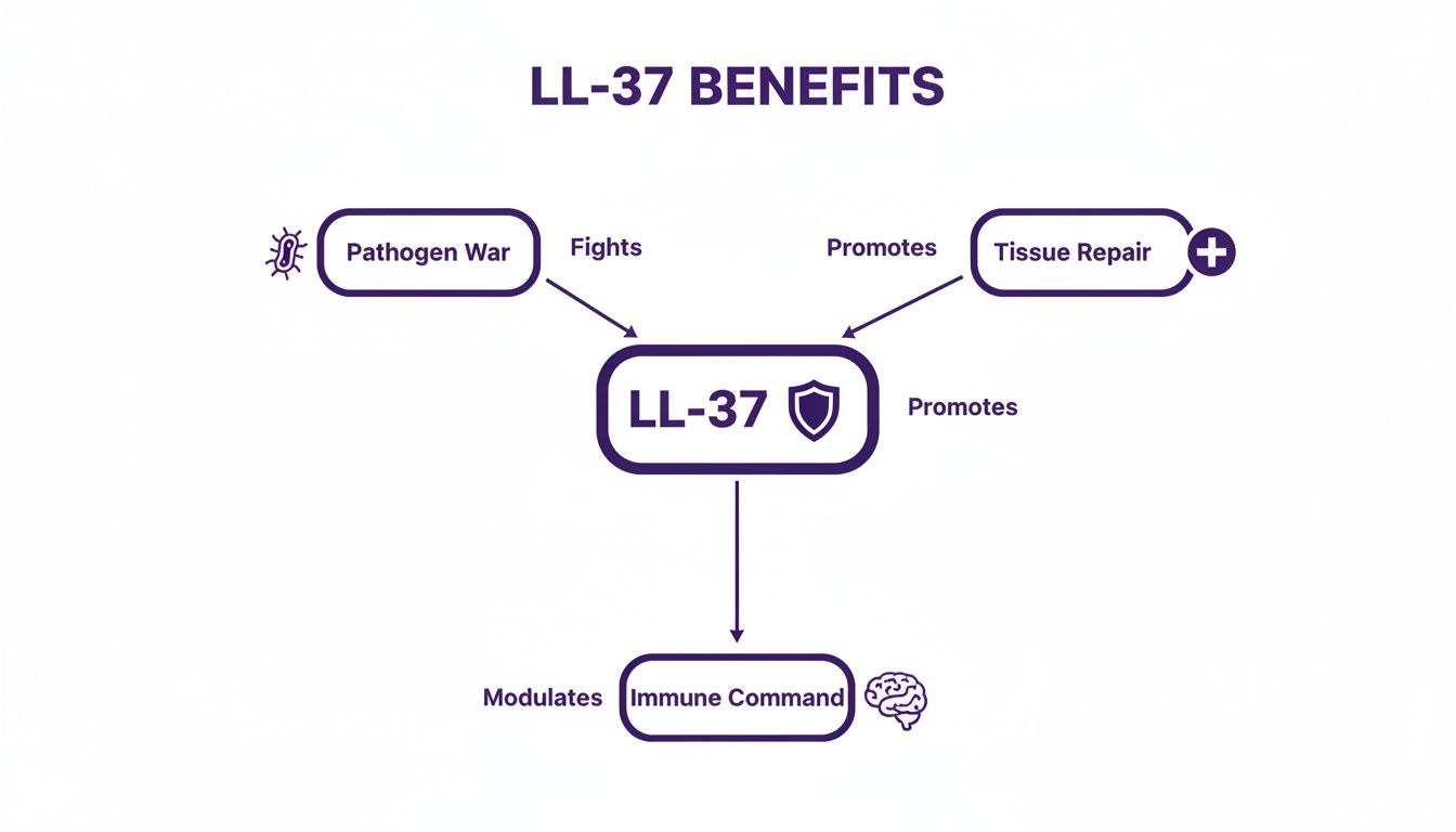 Diagram illustrating LL-37 peptide benefits: fighting pathogens, promoting tissue repair, and modulating immune command.