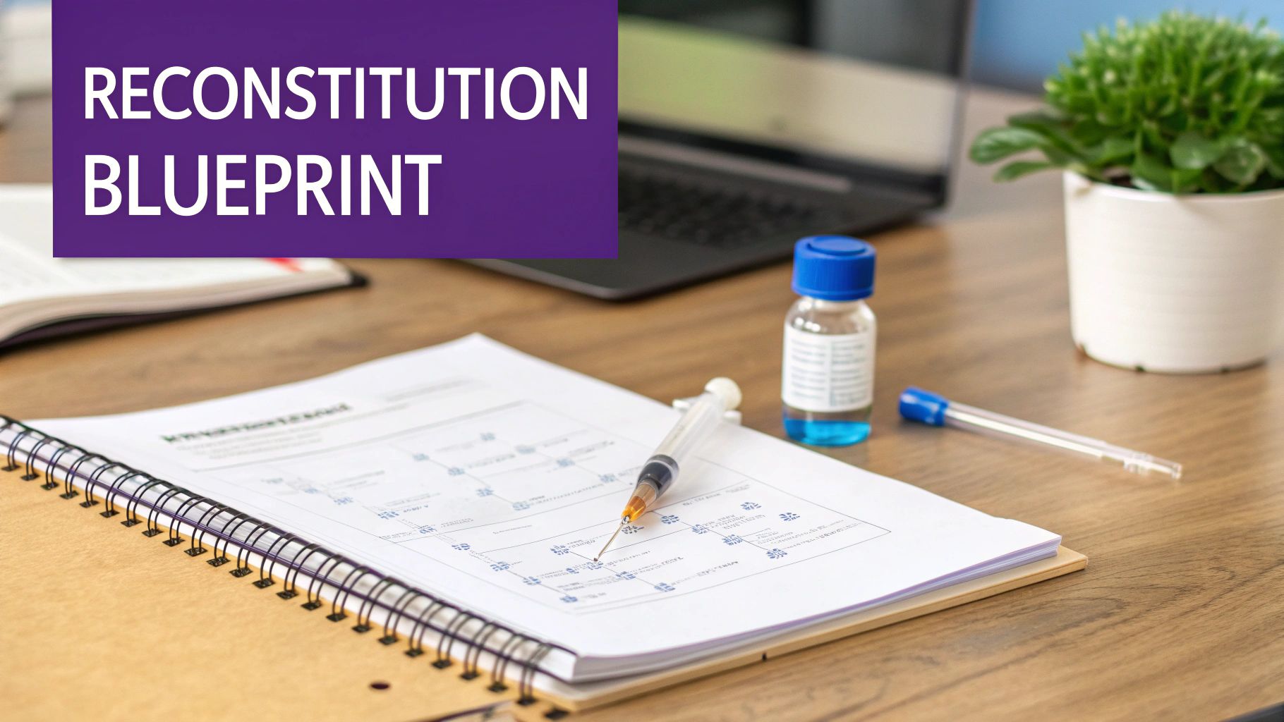 A syringe and vial with blue liquid on a document titled 'Reconstitution Blueprint', beside a laptop.