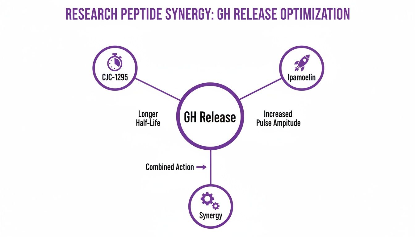 Diagram illustrating CJC-1295 and Ipamorelin peptide synergy for optimizing GH release.