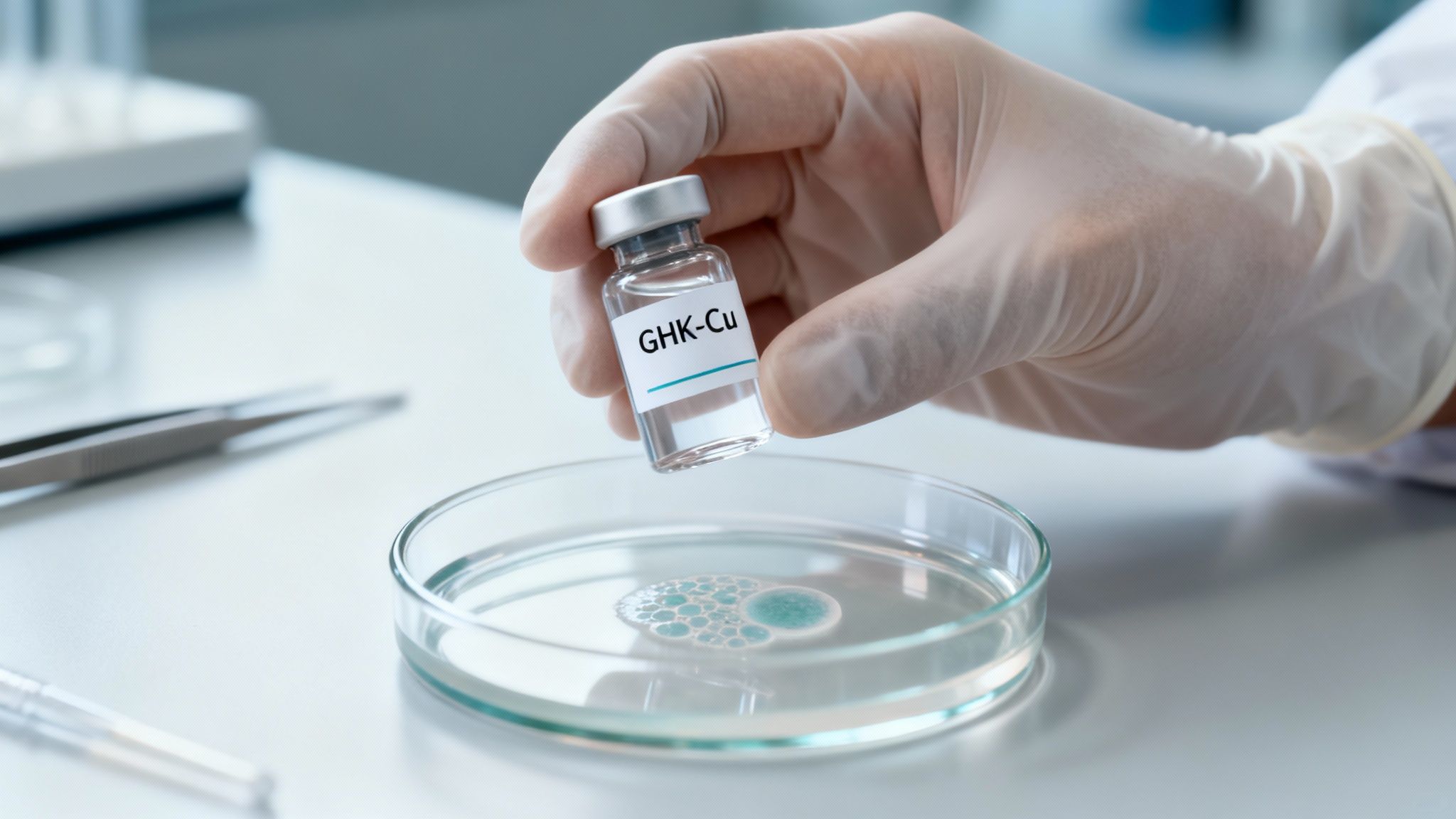 Researcher in gloves holding a vial labeled GHK-Cu above a petri dish with blue liquid.