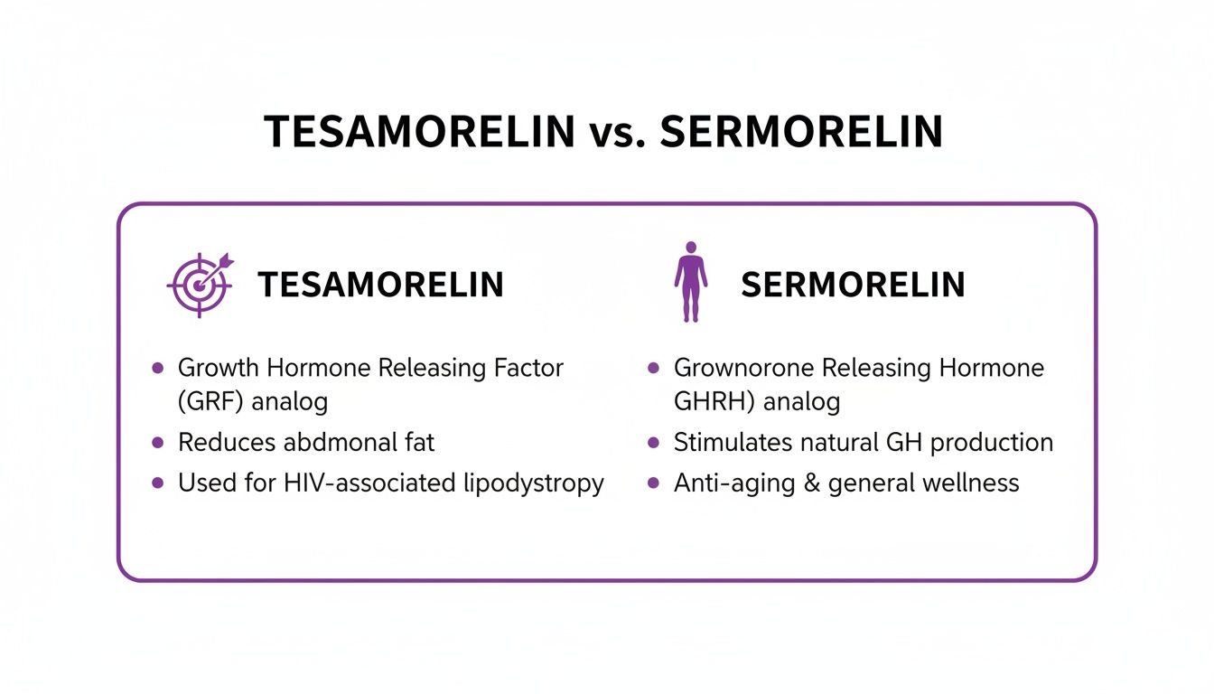 A detailed comparison chart outlining the key differences between Tesamorelin and Sermorelin, their uses, and mechanisms.