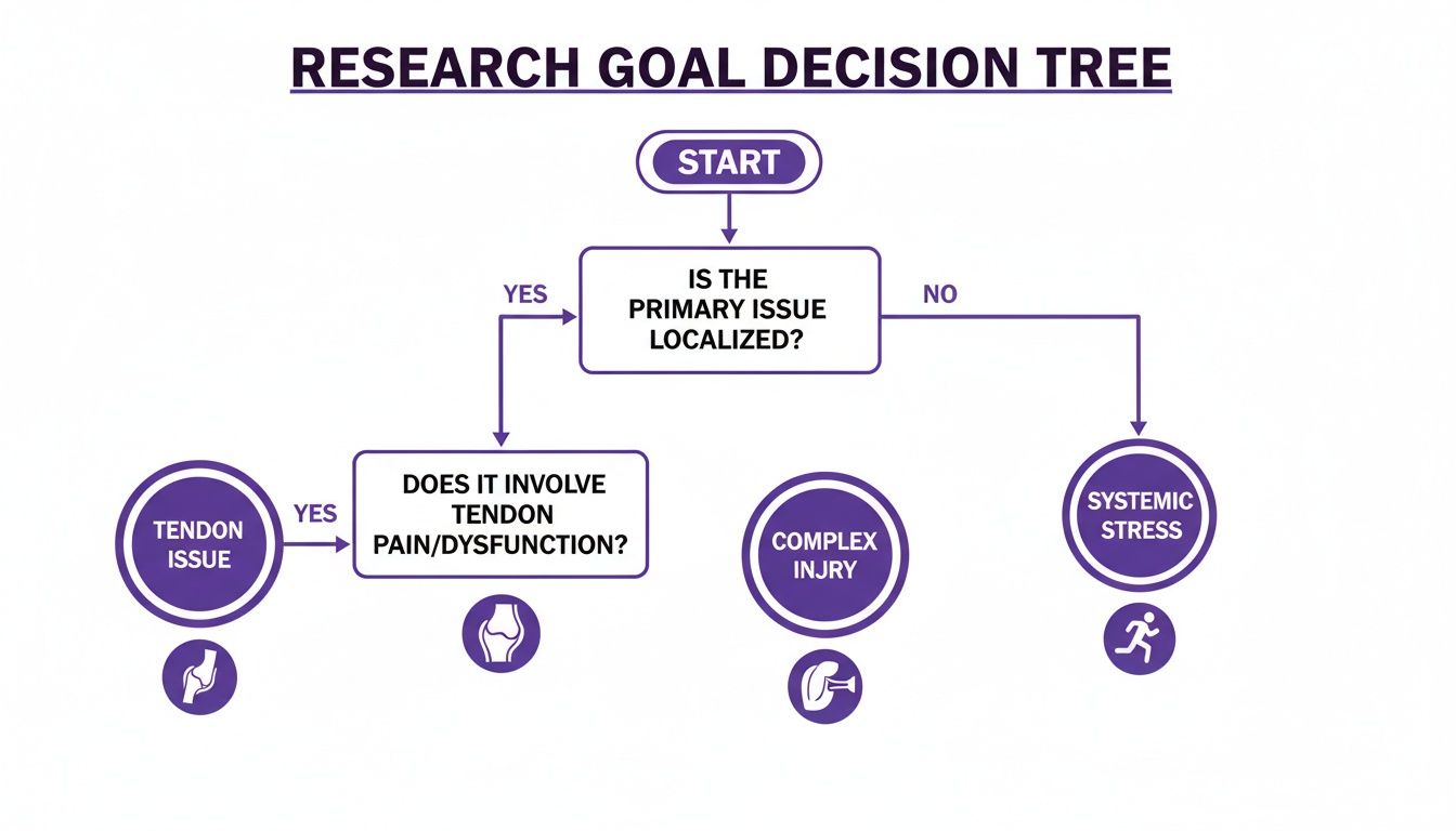 Research goal decision tree flowchart categorizing issues into Tendon, Complex Injury, or Systemic Stress.