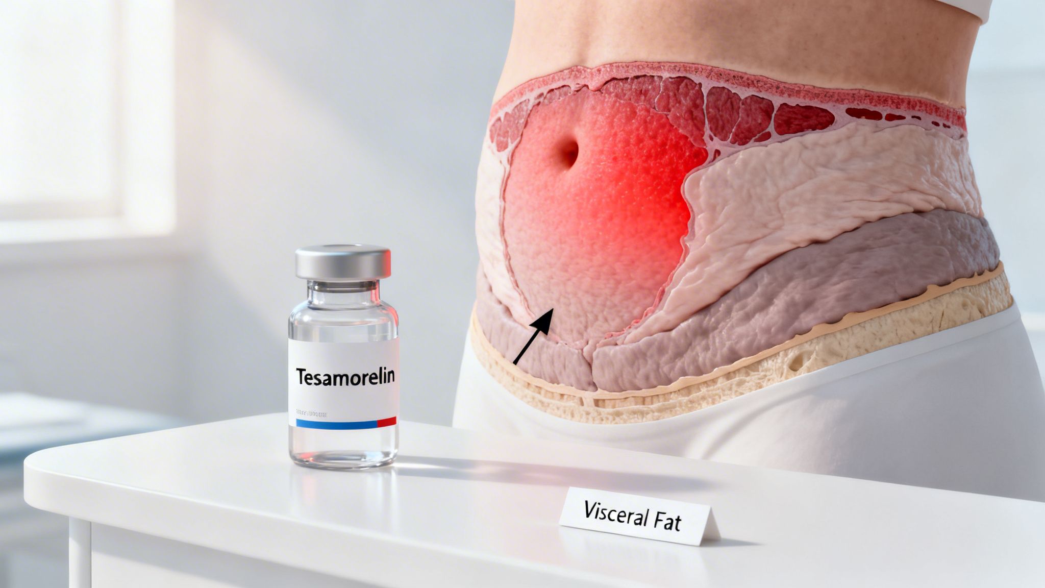 An illustration showing a human torso with a cross-section highlighting visceral fat, alongside a Tesamorelin vial.