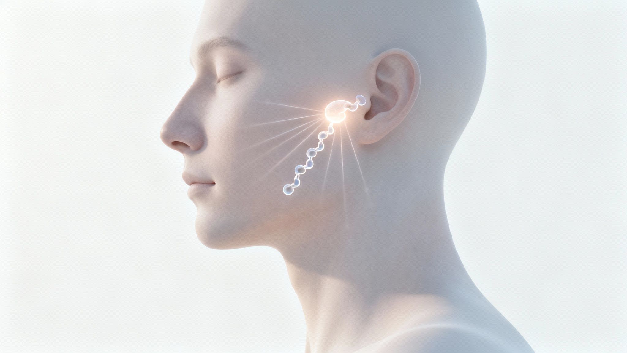 Side profile of a person's head showing a glowing, molecular-like auditory pathway near the ear.