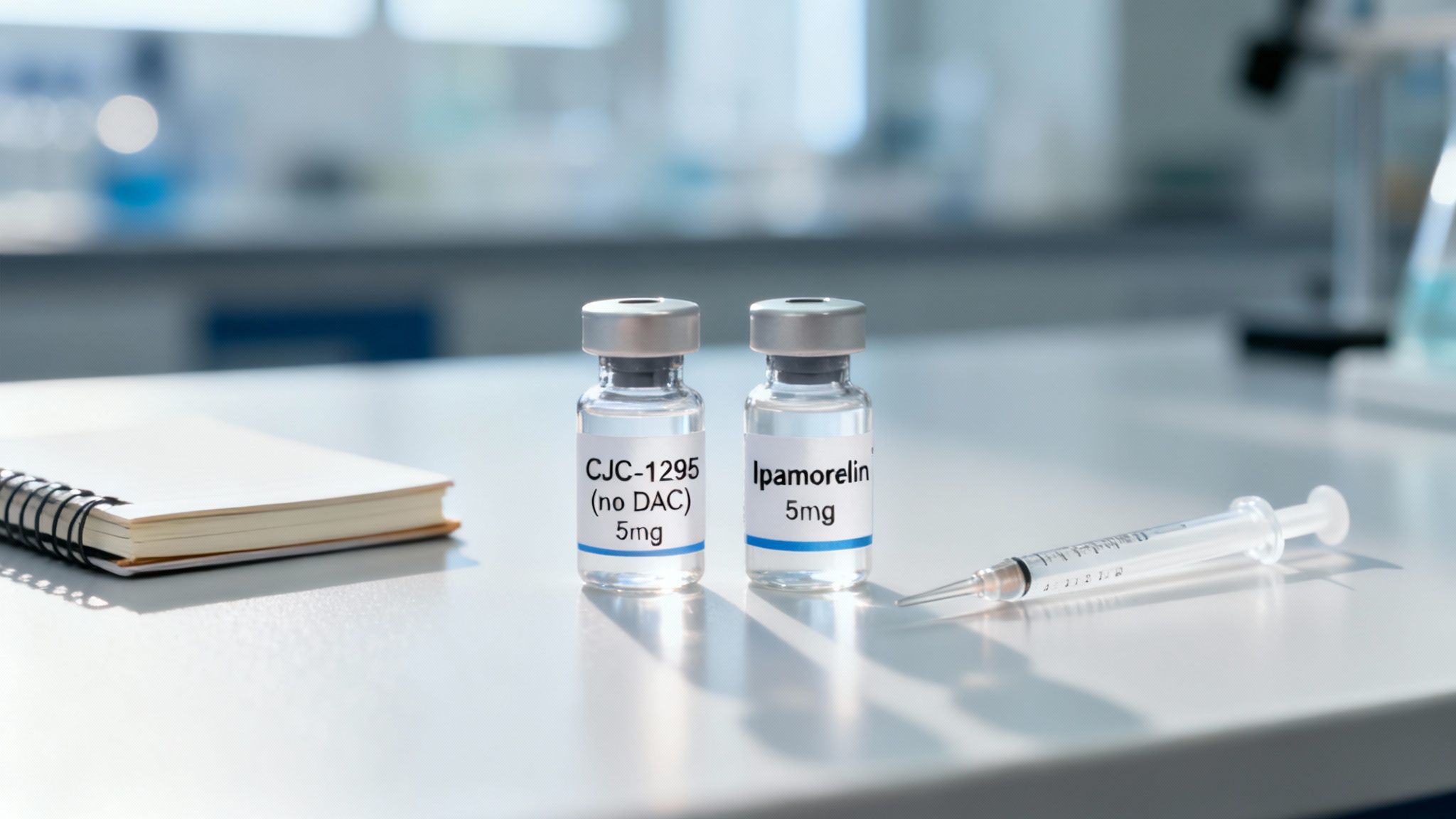 Two vials labeled CJC-1295 and Ipamorelin, a syringe, and a notebook on a lab bench.