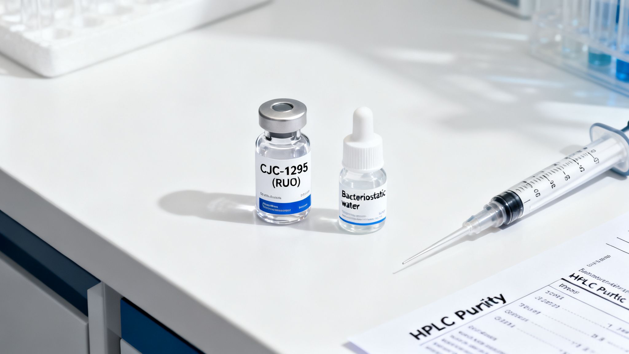 Lab bench with a CJC-1295 vial, bacteriostatic water, a syringe, and an HPLC purity document.