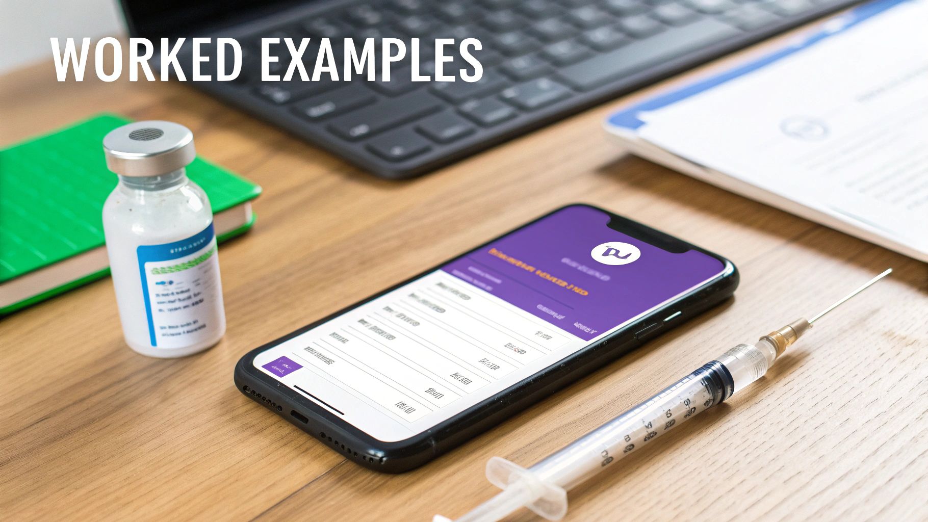 A smartphone displaying a peptide calculator app on a desk with a syringe, vial, and keyboard.