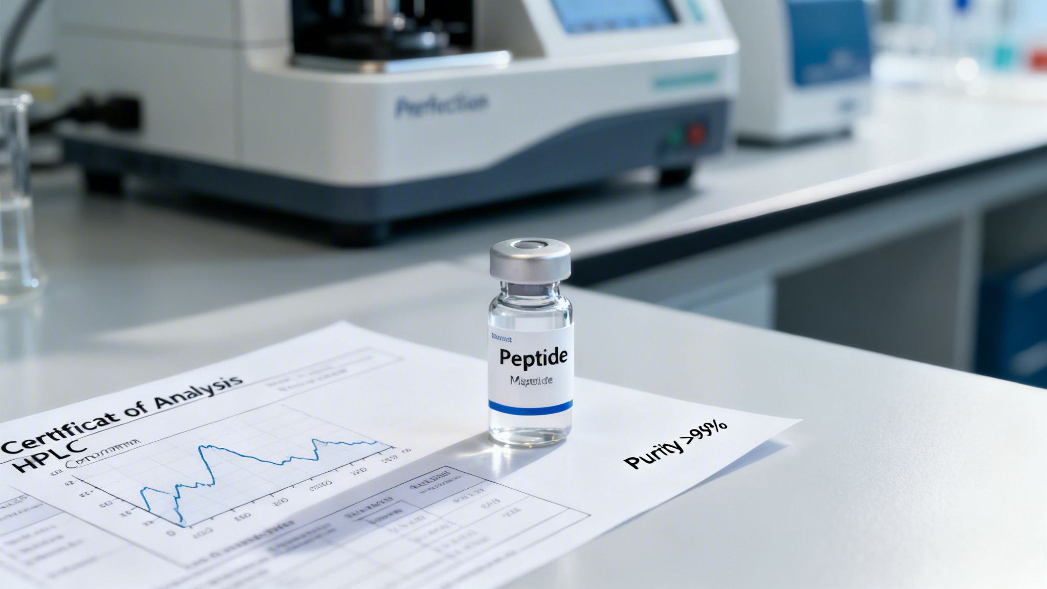A peptide vial and HPLC certificate of analysis indicating high purity in a science lab.