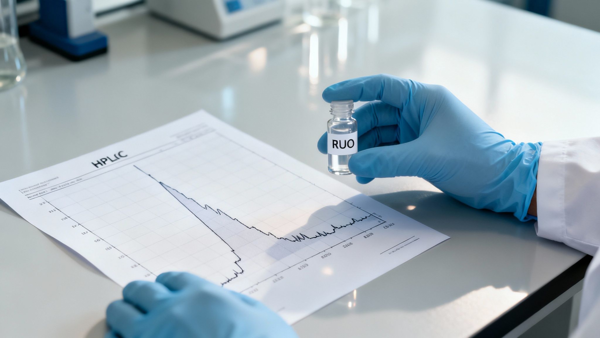 Scientist in blue gloves holds a RUO vial, analyzing an HPLC chromatogram in a lab.