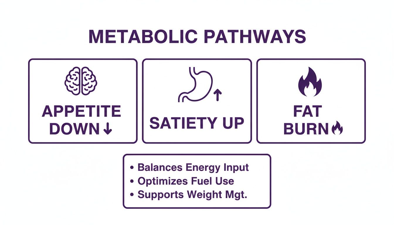 Diagram illustrating metabolic pathways for weight management, showing decreased appetite, increased satiety, and fat burn.