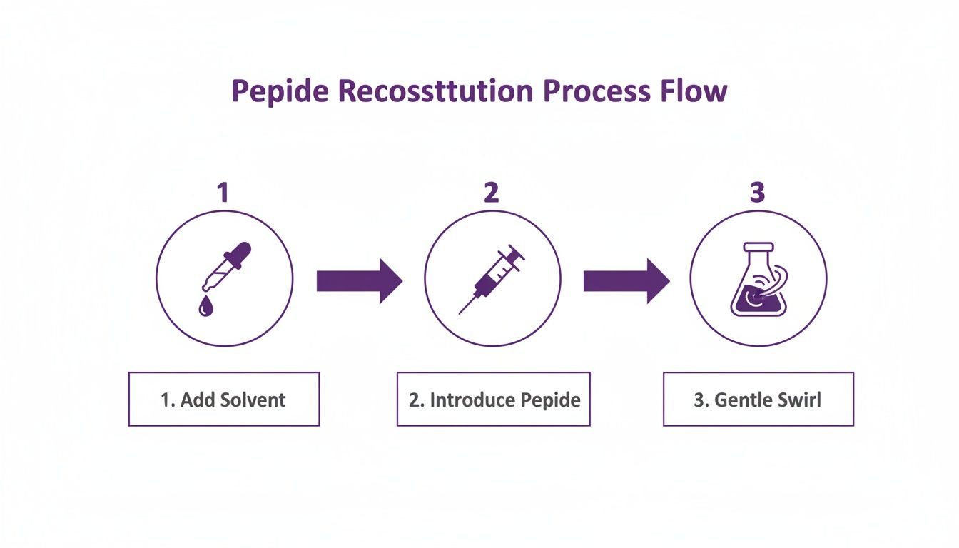A flowchart showing three steps for peptide reconstitution: add solvent with a dropper, introduce peptide with a syringe, and gentle swirl in a flask.