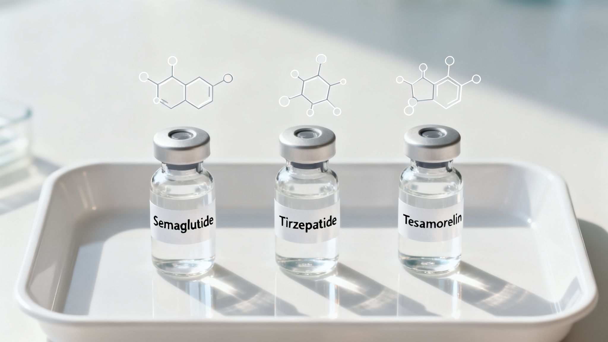 Three vials labeled Semaglutide, Tirzepatide, and Tesamorelin with their chemical structures displayed above.