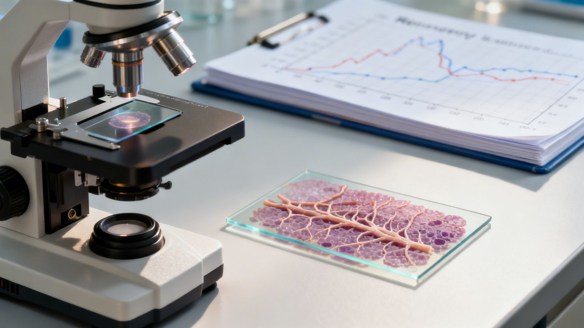 Close-up of a microscope with a tissue sample on a slide and a research chart on a lab bench.