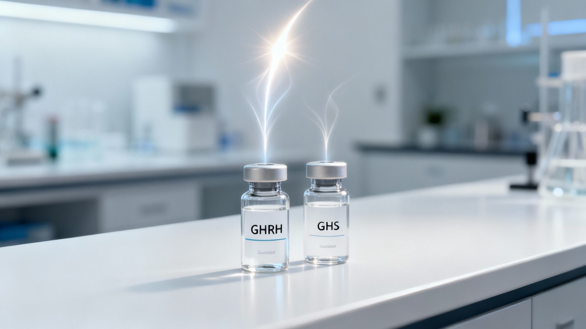 Two glowing vials labeled GHRH and GHS on a laboratory bench, suggesting peptide research.