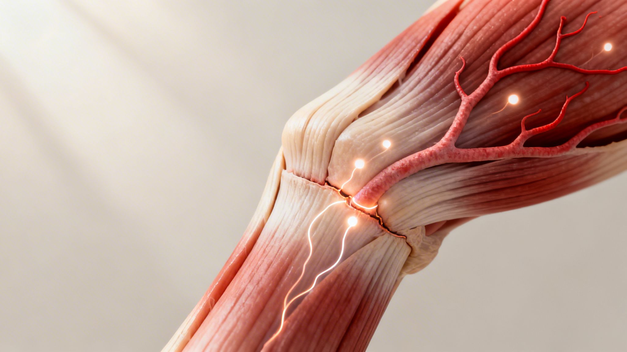 Detailed anatomical illustration of human muscle and blood vessels with glowing nerve activity.