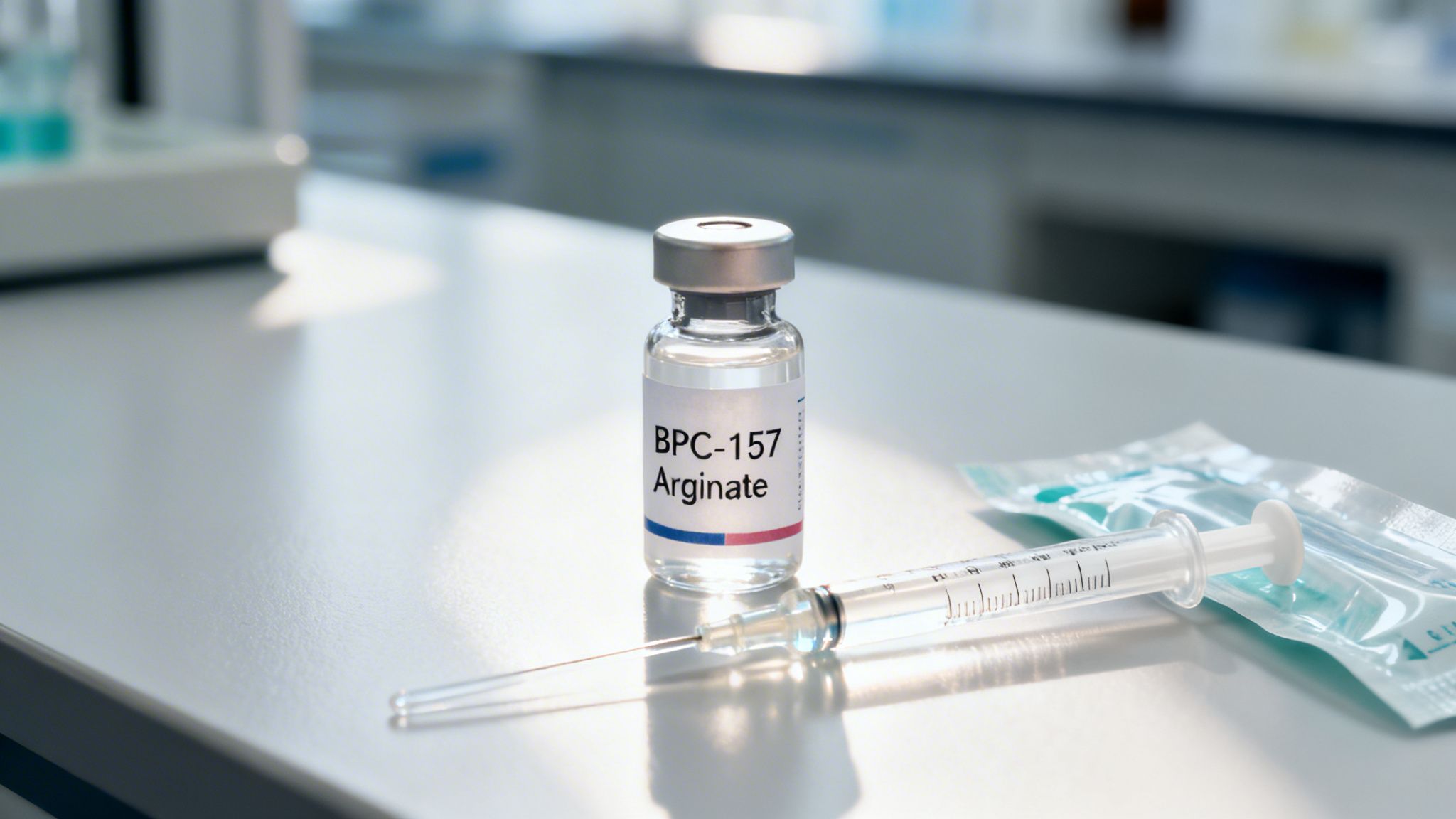 A vial labeled BPC-157 Arginate and a syringe on a sterile surface in a lab.