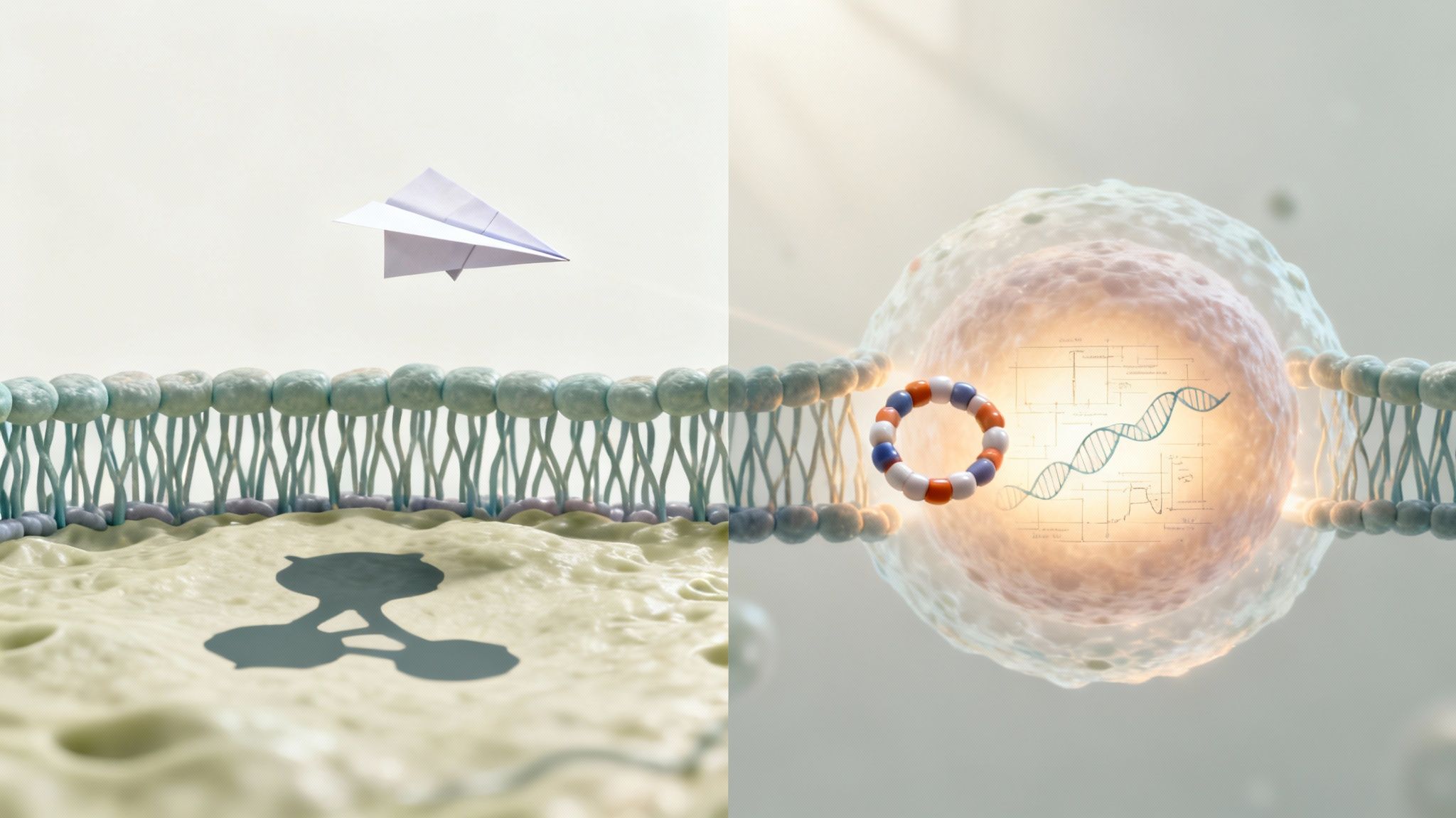 A scientific illustration contrasting two cellular interaction methods, featuring membranes, a paper airplane, DNA, and molecules.