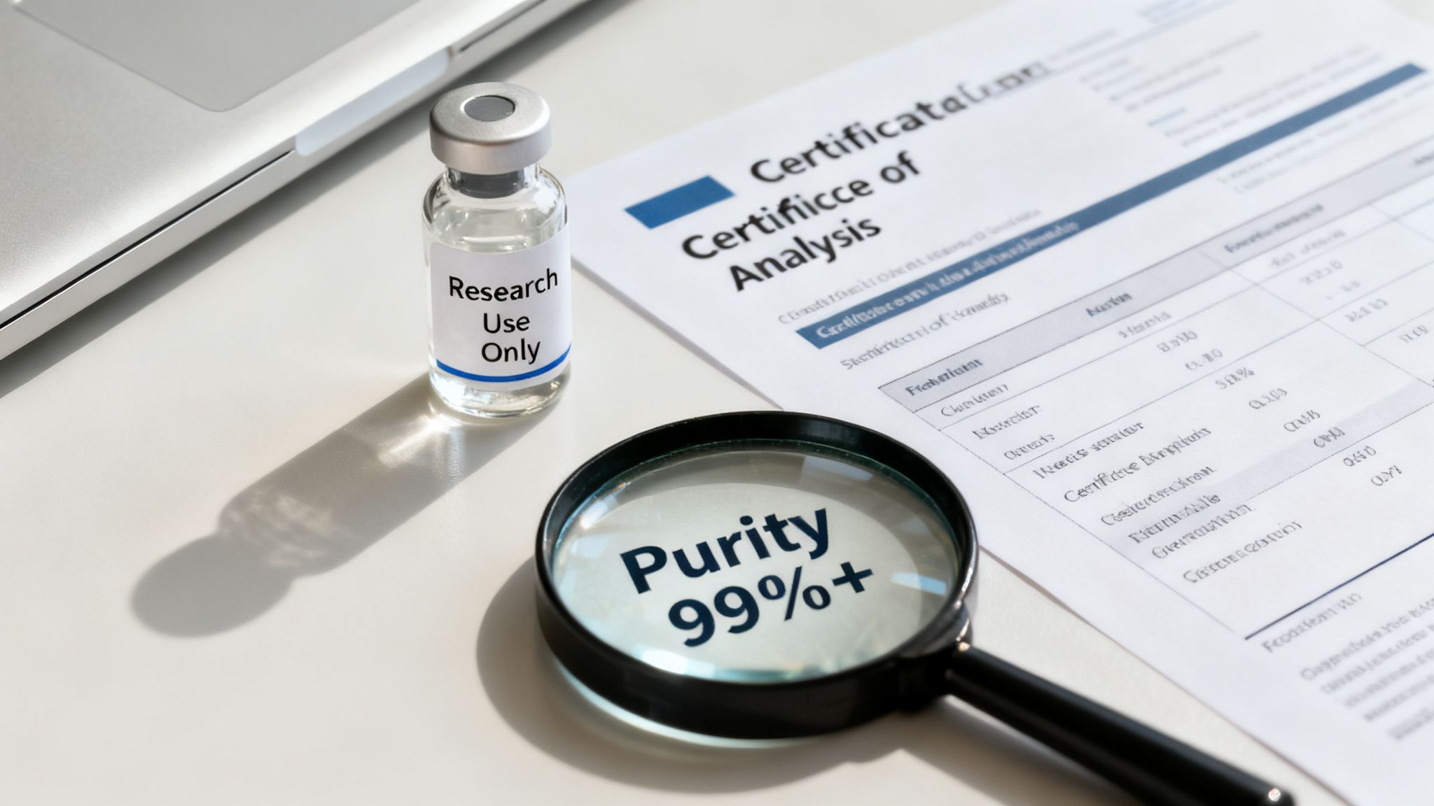 Research use only vial, certificate of analysis, and magnifying glass showing 'Purity 99%'.