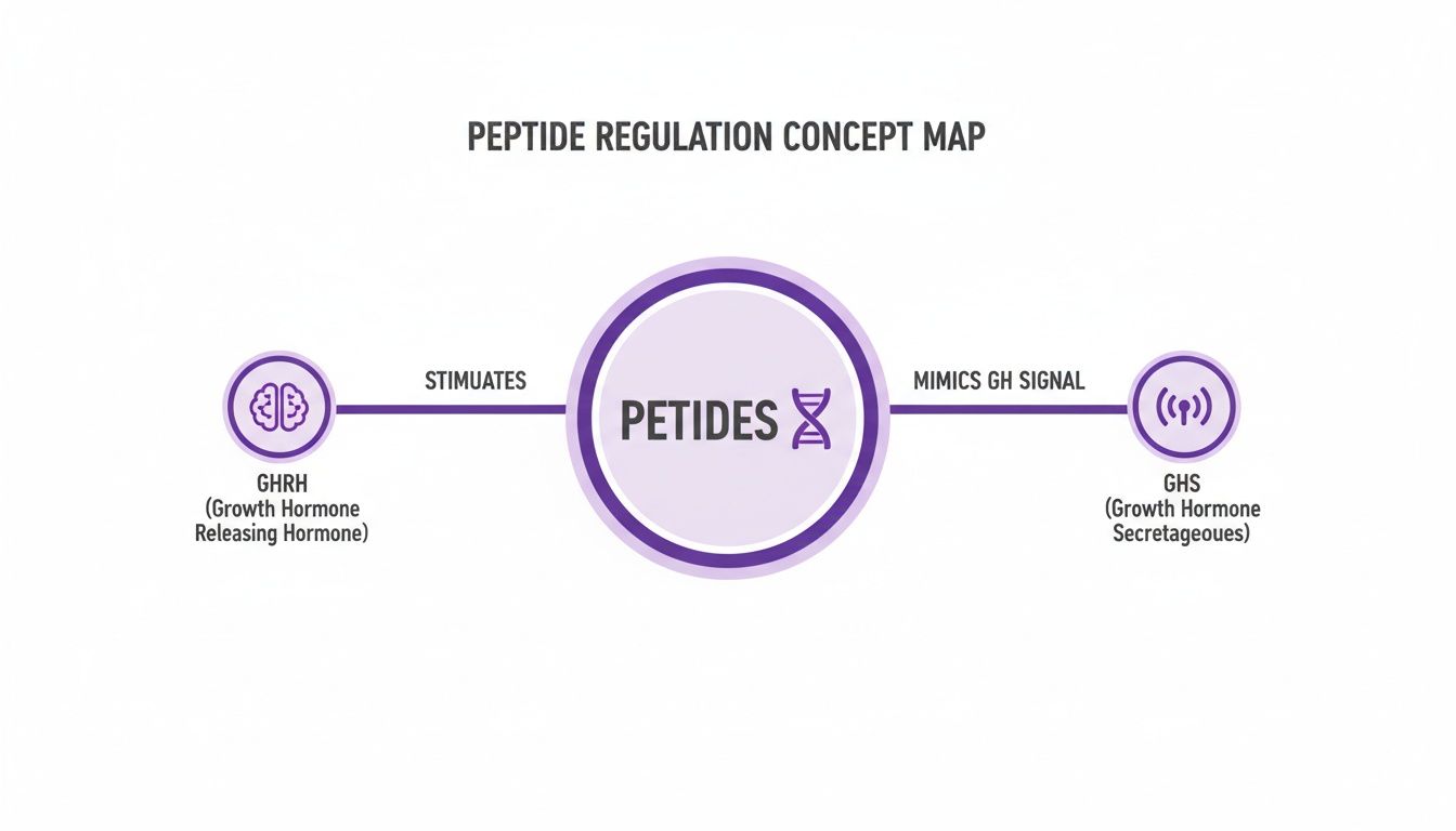 Concept map illustrating peptide regulation, showing GHRH stimulates peptides and peptides mimic GHS signal.