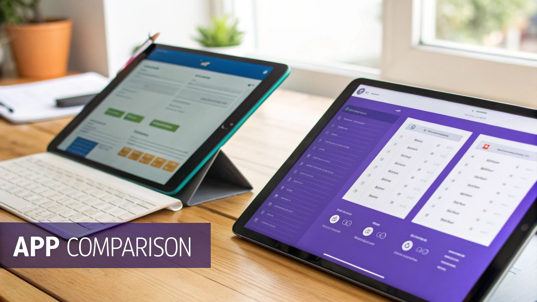 Two tablets on a wooden desk comparing different application interfaces side-by-side.