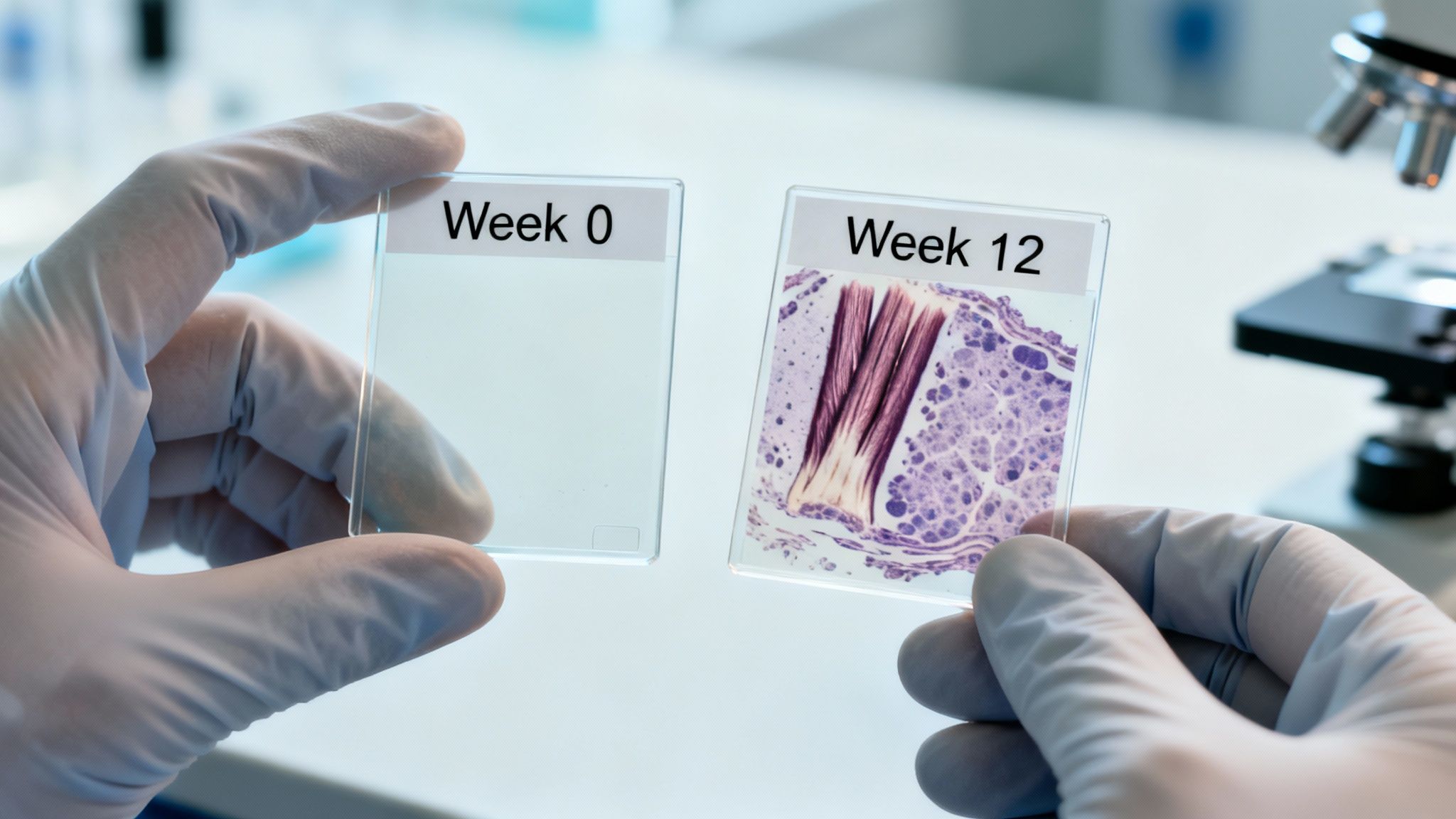 Gloved hands hold two microscope slides, one 'Week 0' empty, the other 'Week 12' with stained tissue.