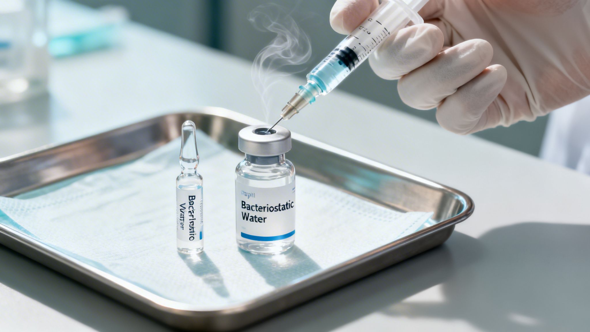 A gloved hand draws liquid from a vial of Bacteriostatic Water with a syringe on a tray.