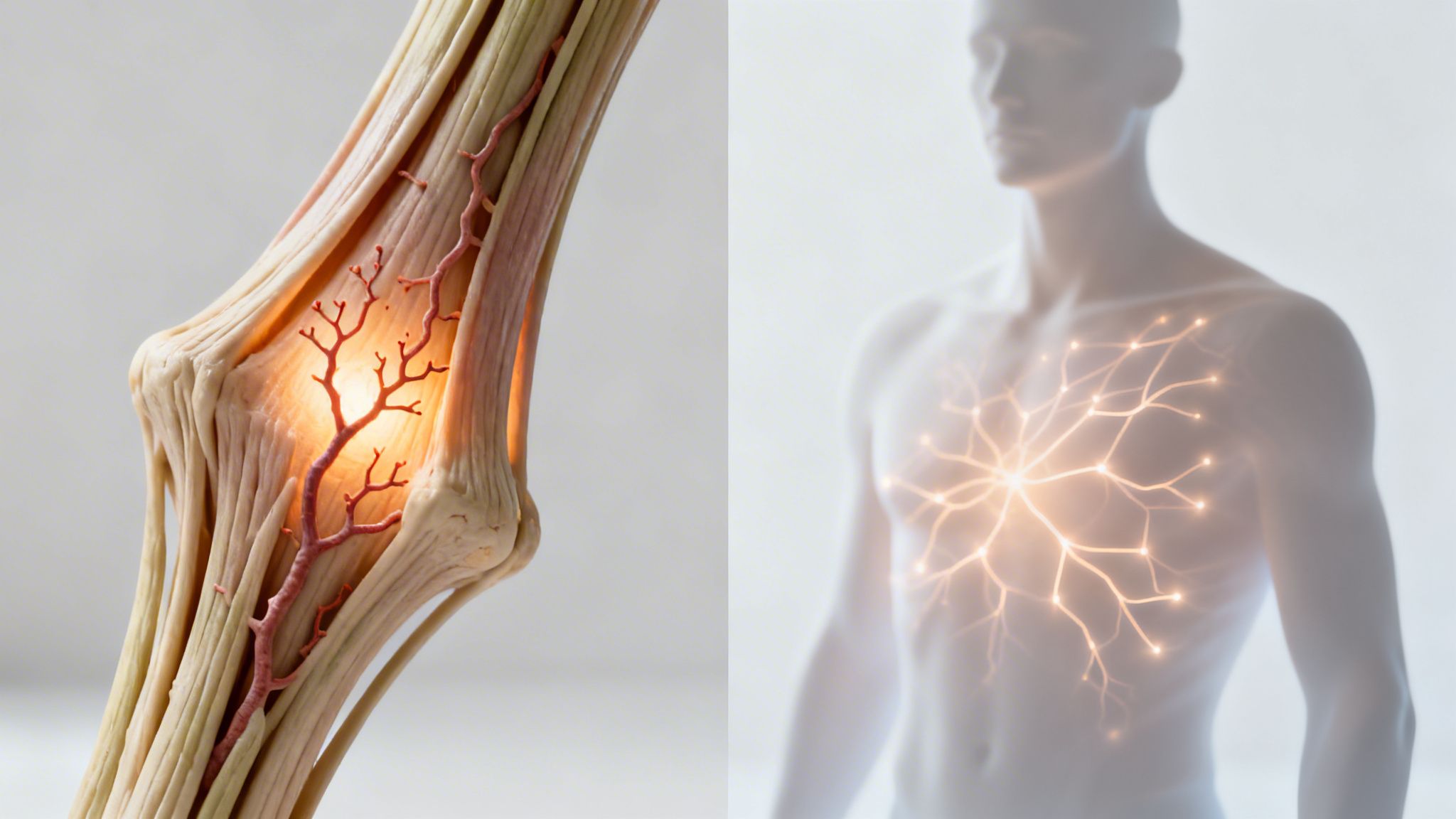 Medical illustrations of internal body structures: glowing vessels within a limb and neural-like pathways in a human torso.