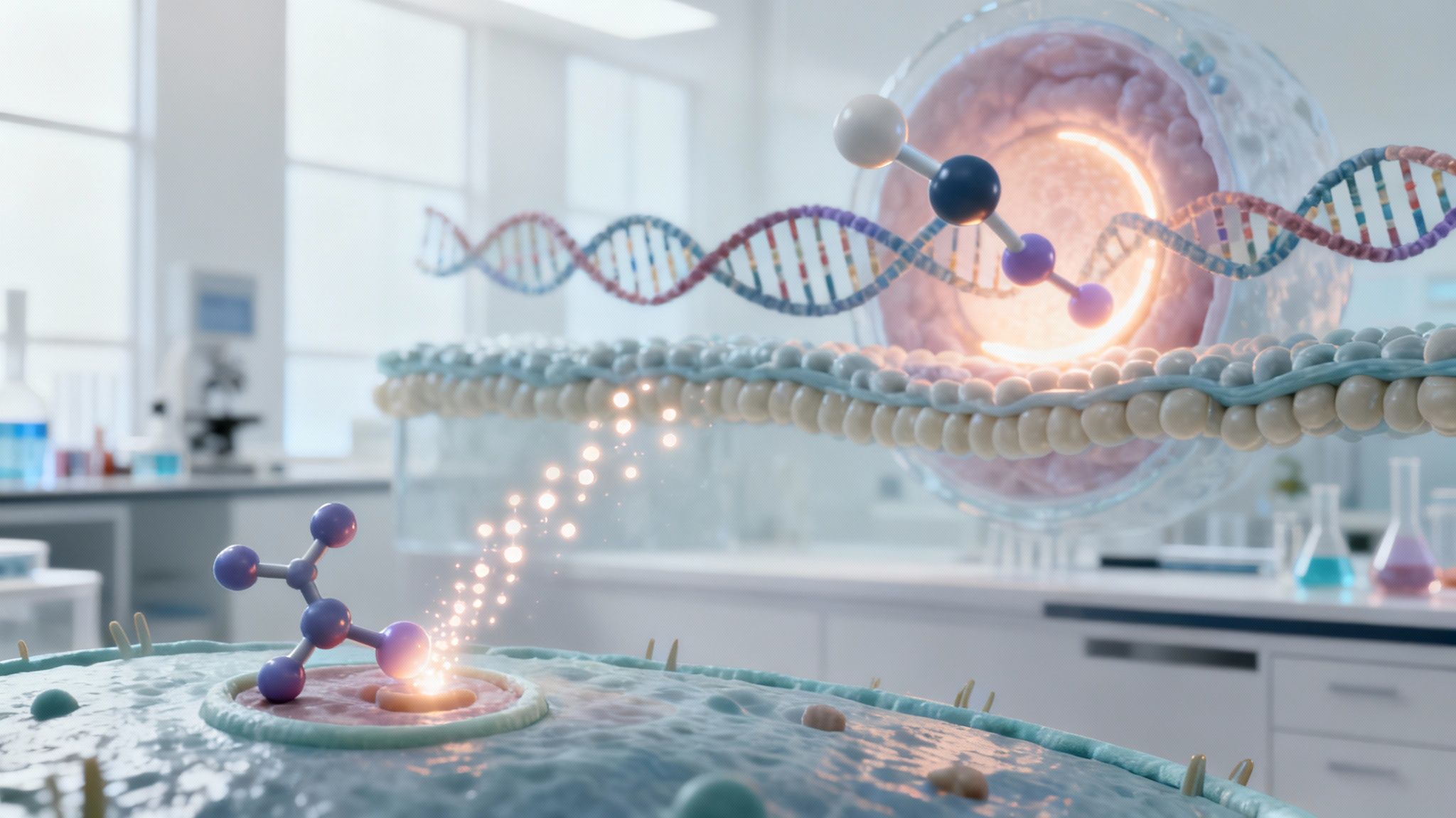 Microscopic view of DNA, molecules, and cellular activity in a clean science lab.